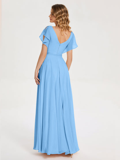 Kate V-neck Pleats Chiffon Bridesmaid Dress with Ruffles