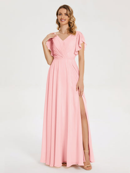 Kate V-neck Pleats Chiffon Bridesmaid Dress with Ruffles