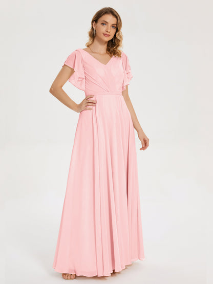 Kate V-neck Pleats Chiffon Bridesmaid Dress with Ruffles