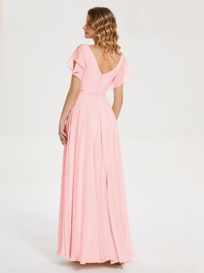 Kate V-neck Pleats Chiffon Bridesmaid Dress with Ruffles