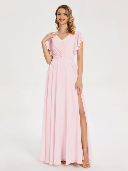 Kate V-neck Pleats Chiffon Bridesmaid Dress with Ruffles
