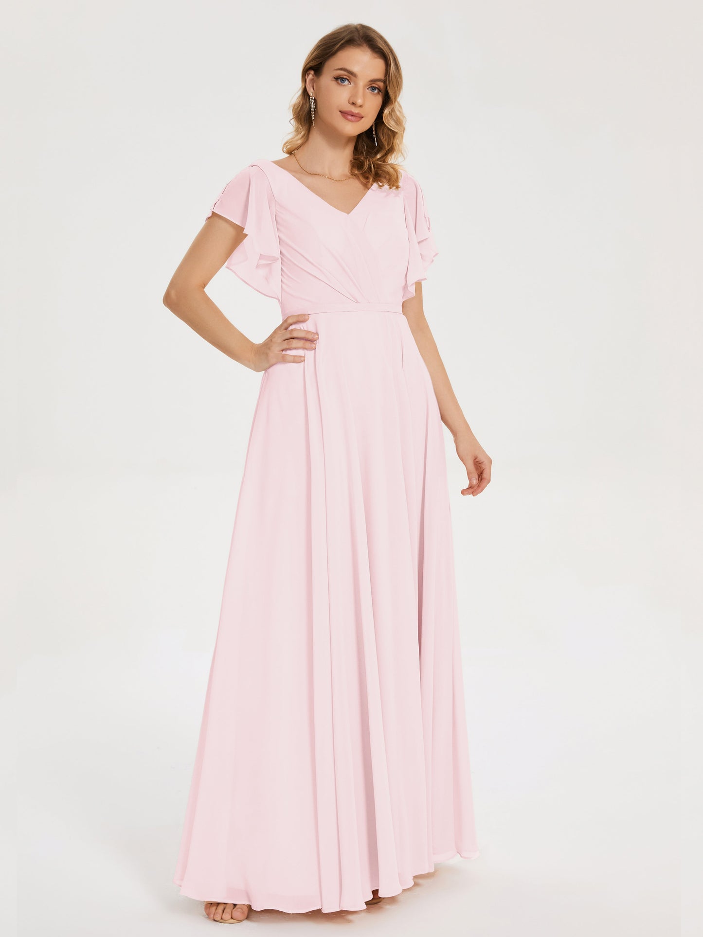 Kate V-neck Pleats Chiffon Bridesmaid Dress with Ruffles