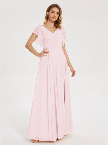 Kate V-neck Pleats Chiffon Bridesmaid Dress with Ruffles
