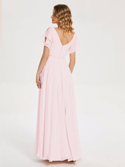 Kate V-neck Pleats Chiffon Bridesmaid Dress with Ruffles