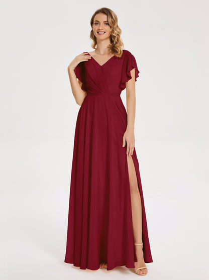 Kate V-neck Pleats Chiffon Bridesmaid Dress with Ruffles