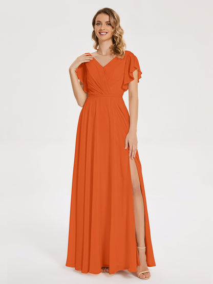 Kate V-neck Pleats Chiffon Bridesmaid Dress with Ruffles