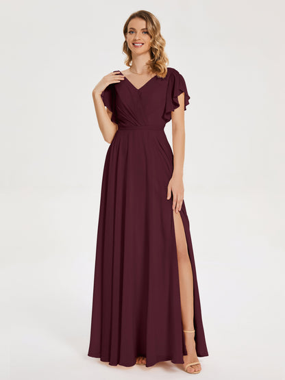 Kate V-neck Pleats Chiffon Bridesmaid Dress with Ruffles