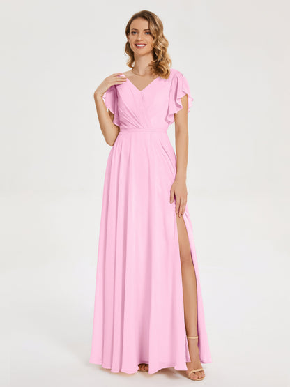 Kate V-neck Pleats Chiffon Bridesmaid Dress with Ruffles