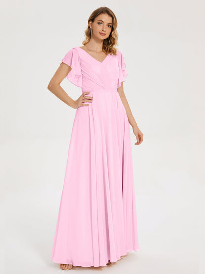 Kate V-neck Pleats Chiffon Bridesmaid Dress with Ruffles