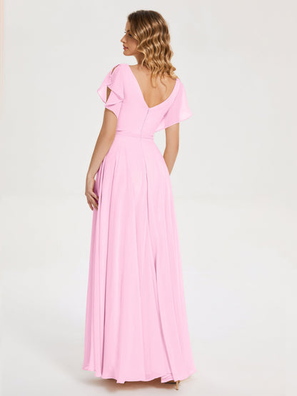 Kate V-neck Pleats Chiffon Bridesmaid Dress with Ruffles