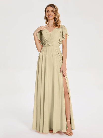 Kate V-neck Pleats Chiffon Bridesmaid Dress with Ruffles