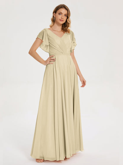 Kate V-neck Pleats Chiffon Bridesmaid Dress with Ruffles
