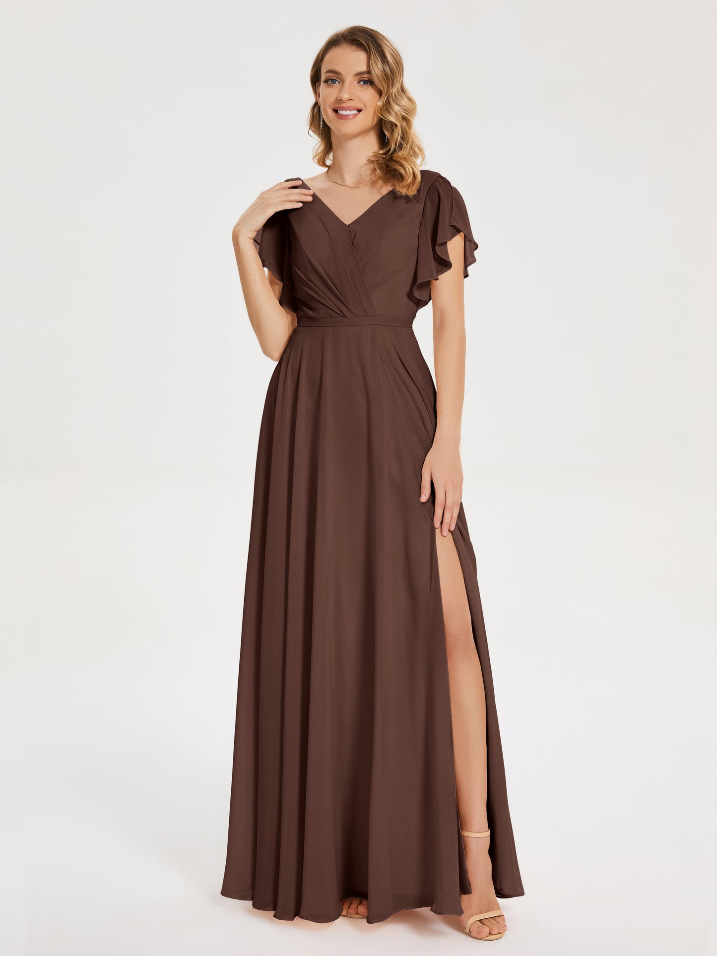 Kate V-neck Pleats Chiffon Bridesmaid Dress with Ruffles