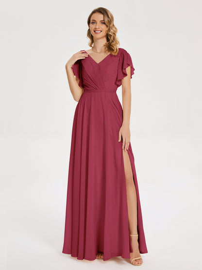 Kate V-neck Pleats Chiffon Bridesmaid Dress with Ruffles