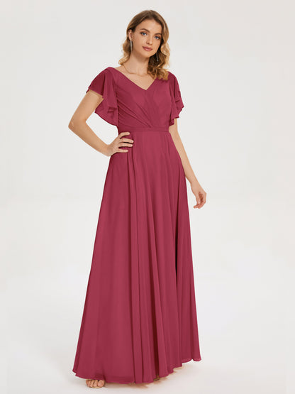 Kate V-neck Pleats Chiffon Bridesmaid Dress with Ruffles