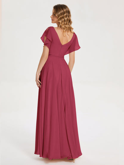 Kate V-neck Pleats Chiffon Bridesmaid Dress with Ruffles
