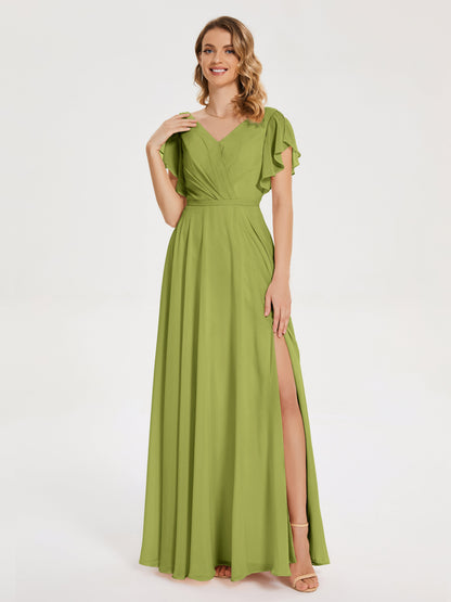 Kate V-neck Pleats Chiffon Bridesmaid Dress with Ruffles