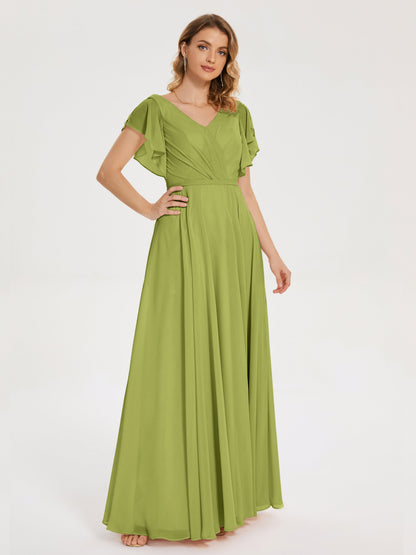 Kate V-neck Pleats Chiffon Bridesmaid Dress with Ruffles