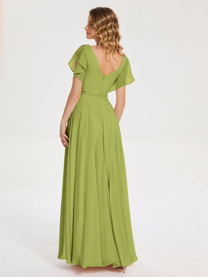 Kate V-neck Pleats Chiffon Bridesmaid Dress with Ruffles
