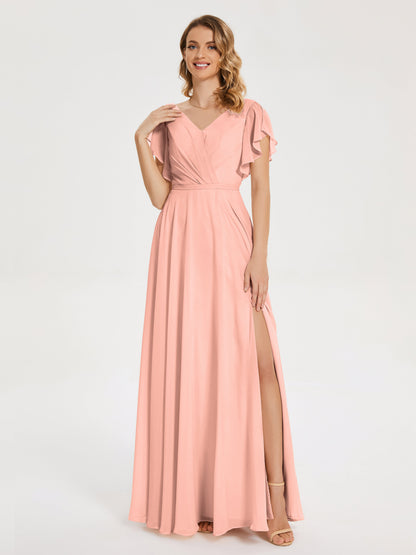 Kate V-neck Pleats Chiffon Bridesmaid Dress with Ruffles