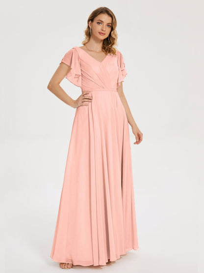 Kate V-neck Pleats Chiffon Bridesmaid Dress with Ruffles