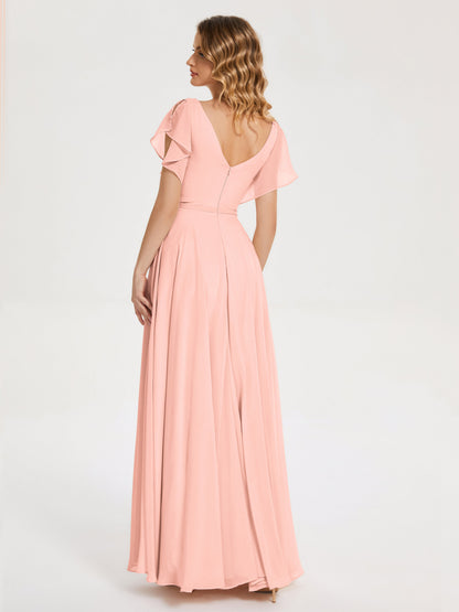 Kate V-neck Pleats Chiffon Bridesmaid Dress with Ruffles
