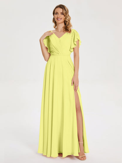 Kate V-neck Pleats Chiffon Bridesmaid Dress with Ruffles