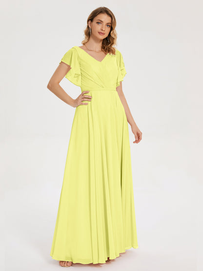 Kate V-neck Pleats Chiffon Bridesmaid Dress with Ruffles