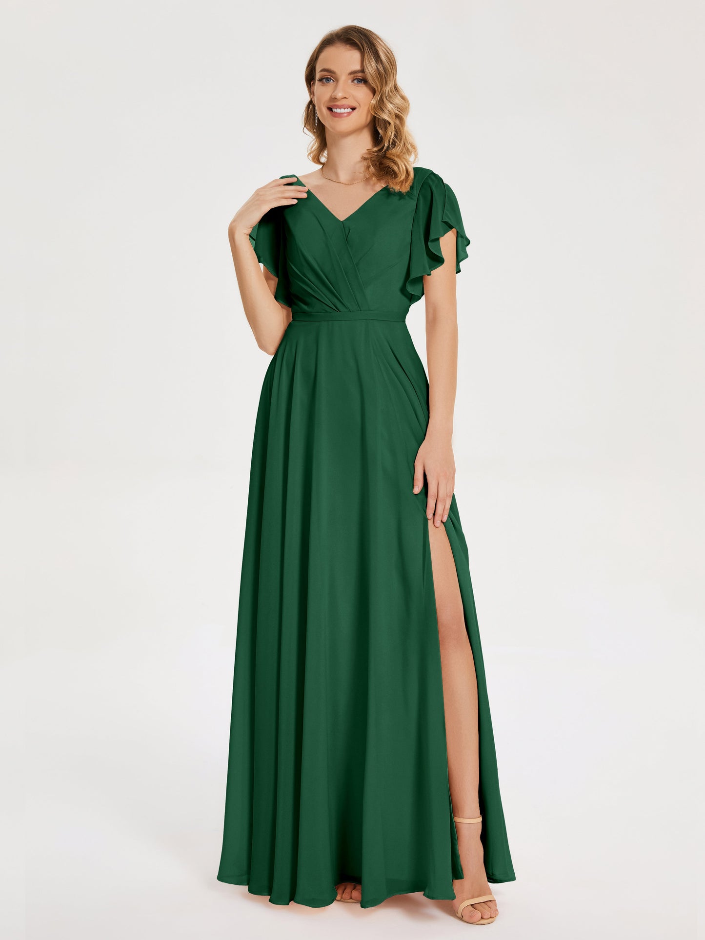 Kate V-neck Pleats Chiffon Bridesmaid Dress with Ruffles