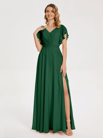 Kate V-neck Pleats Chiffon Bridesmaid Dress with Ruffles