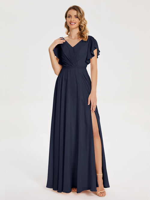 Kate V-neck Pleats Chiffon Bridesmaid Dress with Ruffles