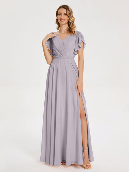 Kate V-neck Pleats Chiffon Bridesmaid Dress with Ruffles