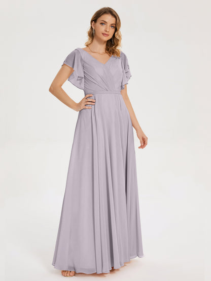 Kate V-neck Pleats Chiffon Bridesmaid Dress with Ruffles