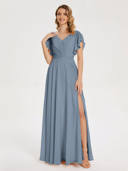 Kate V-neck Pleats Chiffon Bridesmaid Dress with Ruffles