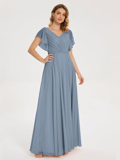 Kate V-neck Pleats Chiffon Bridesmaid Dress with Ruffles