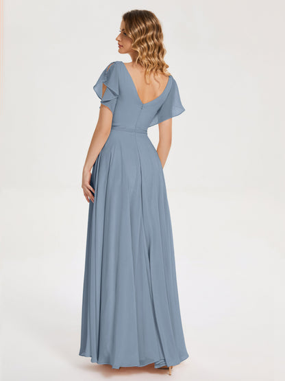 Kate V-neck Pleats Chiffon Bridesmaid Dress with Ruffles
