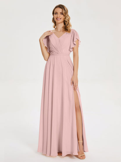 Kate V-neck Pleats Chiffon Bridesmaid Dress with Ruffles
