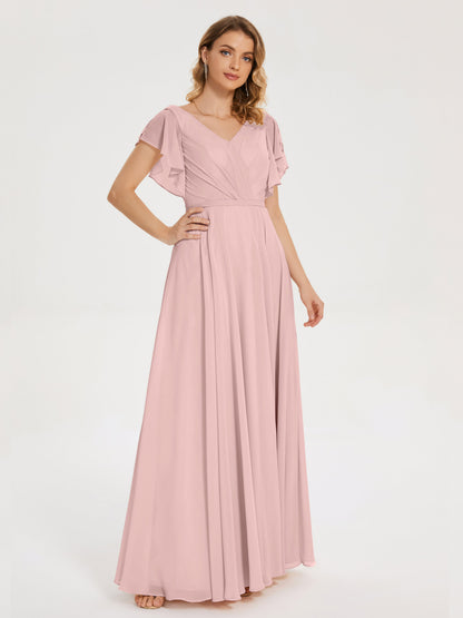 Kate V-neck Pleats Chiffon Bridesmaid Dress with Ruffles