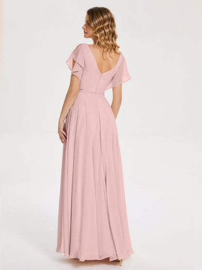 Kate V-neck Pleats Chiffon Bridesmaid Dress with Ruffles