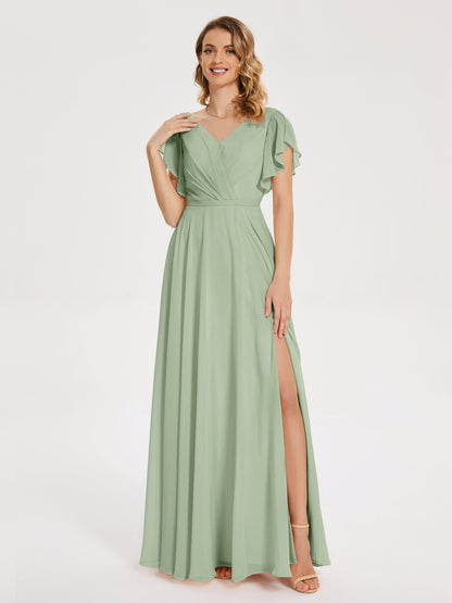 Kate V-neck Pleats Chiffon Bridesmaid Dress with Ruffles
