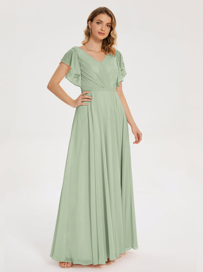 Kate V-neck Pleats Chiffon Bridesmaid Dress with Ruffles