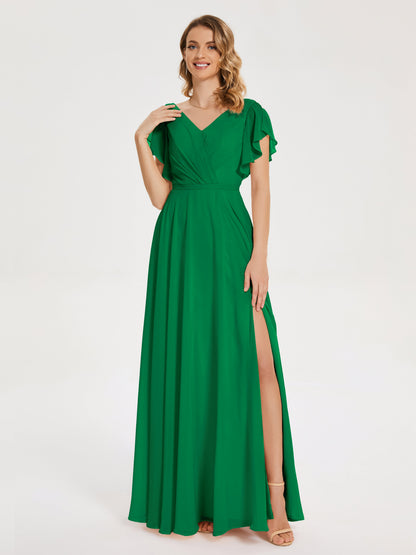 Kate V-neck Pleats Chiffon Bridesmaid Dress with Ruffles