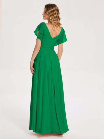 Kate V-neck Pleats Chiffon Bridesmaid Dress with Ruffles