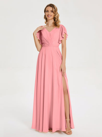 Kate V-neck Pleats Chiffon Bridesmaid Dress with Ruffles