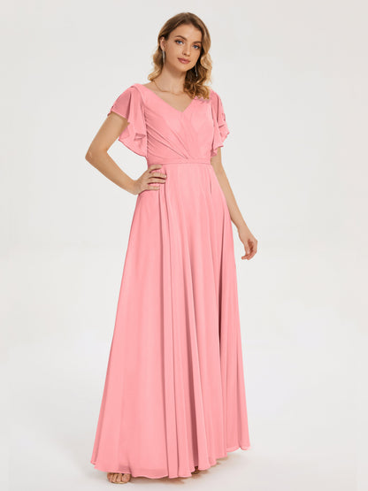 Kate V-neck Pleats Chiffon Bridesmaid Dress with Ruffles