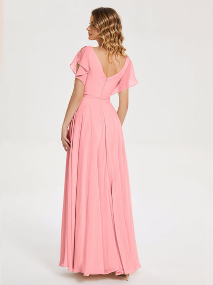 Kate V-neck Pleats Chiffon Bridesmaid Dress with Ruffles