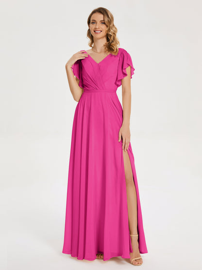 Kate V-neck Pleats Chiffon Bridesmaid Dress with Ruffles