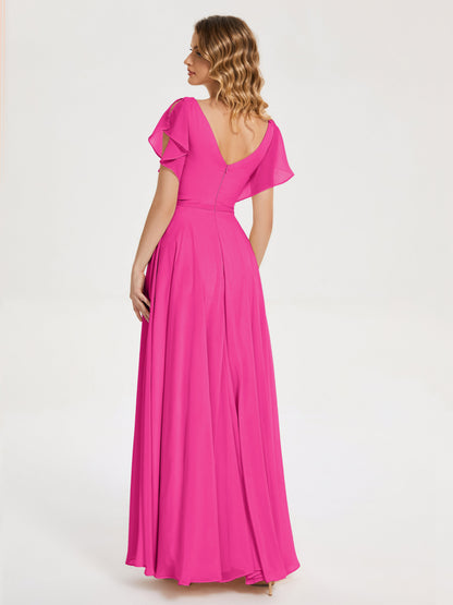Kate V-neck Pleats Chiffon Bridesmaid Dress with Ruffles