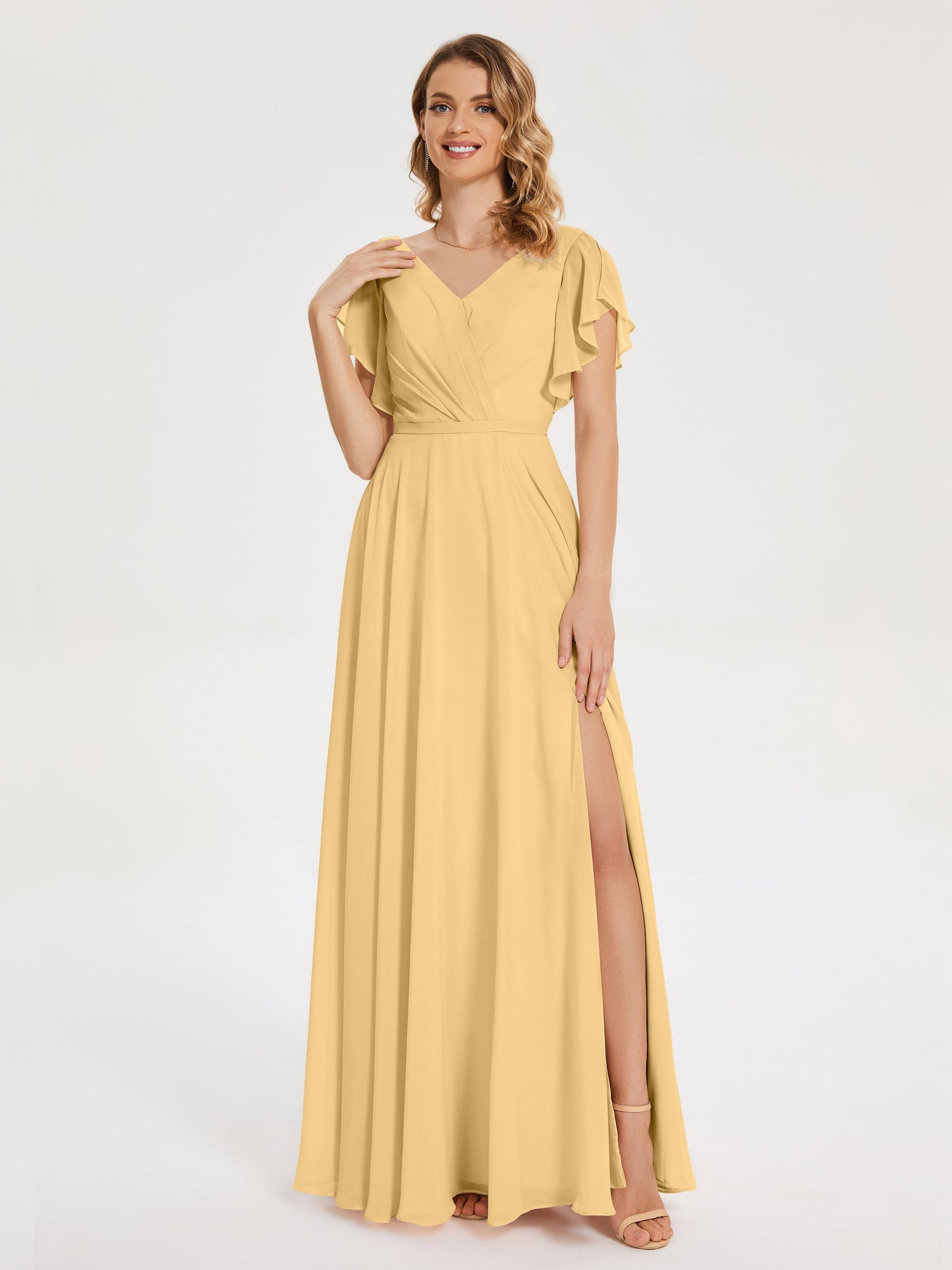 Kate V-neck Pleats Chiffon Bridesmaid Dress with Ruffles
