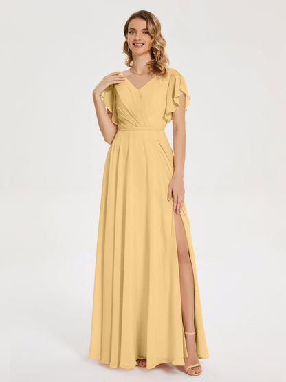 Kate V-neck Pleats Chiffon Bridesmaid Dress with Ruffles